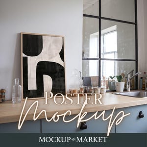 Vertical Framed Canvas Mockup Kitchen, kitchen desk Mockup, DIN A Ratio, Wood Frame, PSD Photoshop Photopea Mockup, interior frame mockup