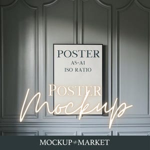 May include: A framed poster mockup against a grey panelled wall. The poster has the word "POSTER" at the top and the text "A5-A1 ISO RATIO". A neon sign below reads "POSTER Mockup". The bottom of the image has the text "MOCKUP MARKET".