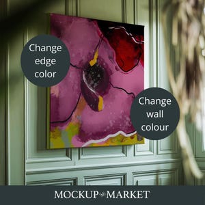 May include: Abstract painting with pink, red, yellow, and black colors on a canvas. The painting is hanging on a green wall with white trim. The text "Change edge color" and "Change wall colour" is written on the image.