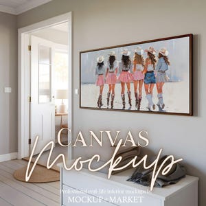 May include: A rectangular canvas print depicting six women in cowboy hats and skirts, viewed from behind. They are wearing pink skirts, denim shorts, and cowboy boots. The artwork is displayed on a wall in a room with neutral colours.