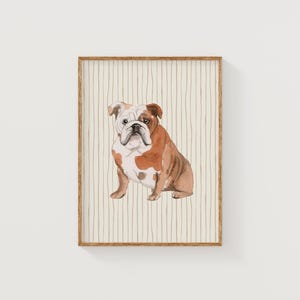 May include: A framed watercolour print of an English Bulldog. The dog is depicted in brown and white, with a distinctive wrinkled face. The background has vertical, thin, light brown lines on a cream backdrop. The frame is made of wood.