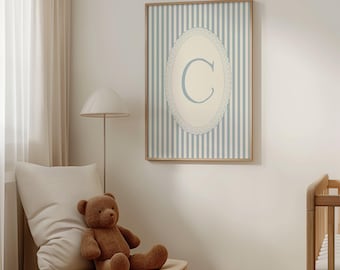 Arte de pared con inicial de rayas azules / Impresión de monograma de la letra 'C' para habitación infantil, guardería o sala de juegos