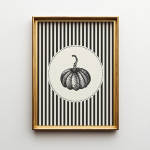 May include: A framed art print featuring a black and white illustration of a pumpkin. The pumpkin is centered on a cream-colored circle with a scalloped edge, set against a backdrop of black and white vertical stripes. The frame is gold.