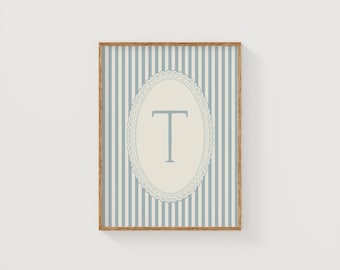 Blue Stripe Monogram Letter T Art Print | Anthropologie + Studio McGee Inspired Kids Room or Nursery Gallery Wall