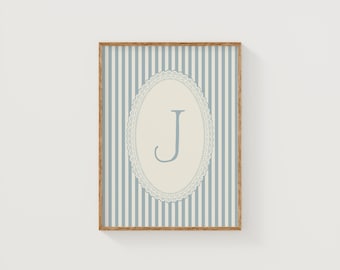 Blue Stripe Monogram Letter J Art Print | Anthropologie + Studio McGee Inspired Kids Room or Nursery Gallery Wall