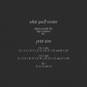 High-resolution JPG files in multiple aspect ratios:
3:4 Ratio: 3"×4", 6"×8", 9"×12", 12"×16", 15"×20", 18"×24"
4:5 Ratio: 4"×5", 8"×10", 12"×15", 16"×20", 20"×25", 24"×30"
ISO: A1, A2, A3, A4