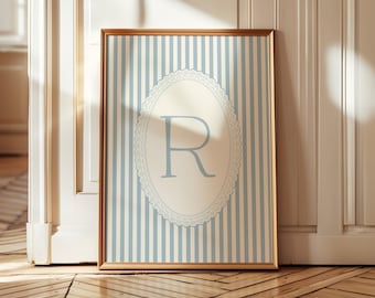 Custom Letter Monogram R Art Print | Blue Stripe Nursery or Kids Room Wall Decor | Anthropologie + Studio McGee Inspired