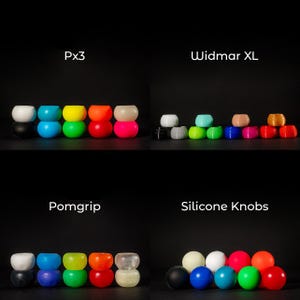 Könnte beinhalten: Eine Sammlung von Silikonknöpfen in verschiedenen Farben, darunter Schwarz, Weiß, Blau, Grün, Rot und Orange. Das Bild ist in Abschnitte mit den Bezeichnungen "Px3", "Widmar XL", "Pomgrip" und "Silicone Knobs" unterteilt.