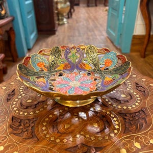K11, Handmade Brass Pedestal Fruit Bowl,  Decorative Enamel Floral Bowl, Vintage Indian Centerpiece, Elegant Decor Gift