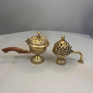 Handmade Brass Incense Burner with Wooden Handle, Traditional Brass Bakhoor Burner, Antique Charcoal Resin Burner, Indian Home Decor