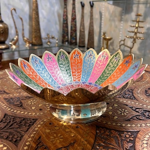 K09, Handmade Brass Pedestal Fruit Bowl, 10cm x 24cm, Decorative Enamel Floral Bowl, Vintage Indian Centerpiece, Elegant Decor Gift