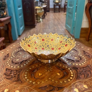 K14, Handmade Brass Pedestal Fruit Bowl, 6cm x 15cm, Decorative Enamel Floral Bowl, Vintage Indian Centerpiece, Elegant Decor Gift