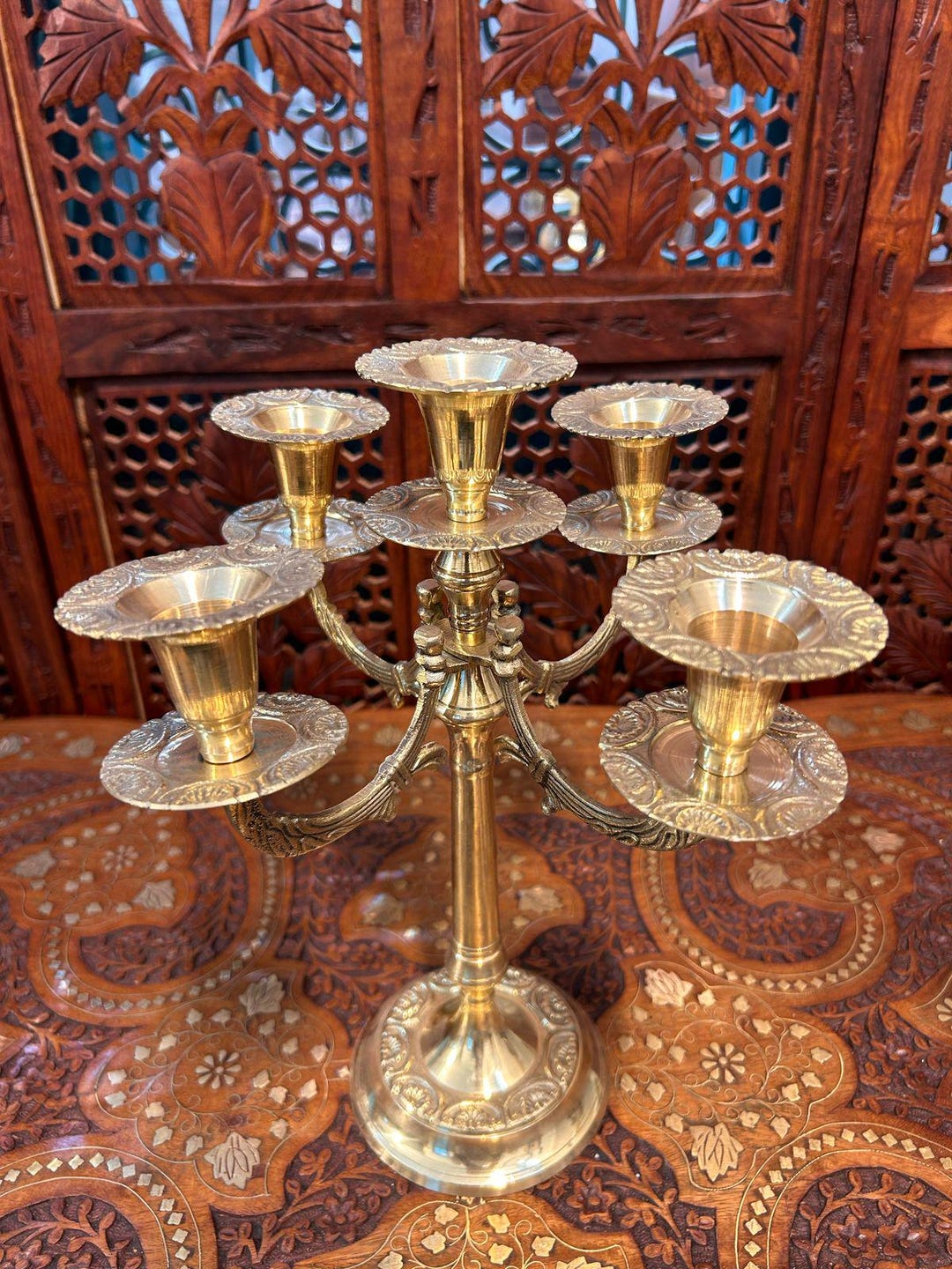 Handmade Gold Brass Candelabra | 5-arm Candle Holder | Vintage