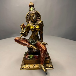 Handcrafted Brass Parvati Statue in Seated Pose with Antique Multicolor Finish | Hindu Goddess Idol for Home Temple and Spiritual Decor