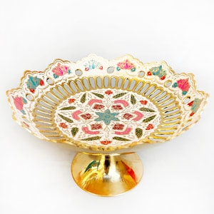 K01, Handgefertigte Obstschale aus Messing, 15 cm x 24 cm, Dekorative Emaille Blumenschale, Vintage Indischer Herzstück, Elegantes Dekor Geschenk