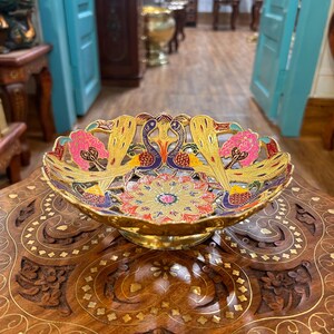 K10, Handmade Brass Pedestal Fruit Bowl,  Decorative Enamel Floral Bowl, Vintage Indian Centerpiece, Elegant Decor Gift