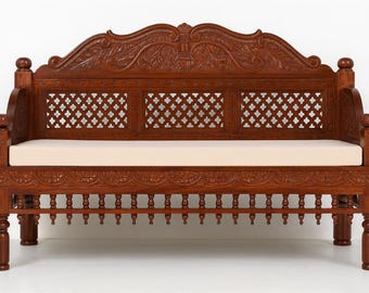 Handcrafted Sheesham Wood Carved Sofa with Inlay Work | Indian Traditional Divan | Daybed for Living Room