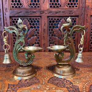 Handcrafted Peacock Brass Diya Set | Antique Oil Lamp with Bell | 19cm Tall | Brown Shade | Traditional Home & Temple Décor
