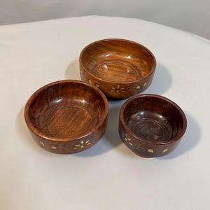 Handcrafted Wooden Bowl Set with Brass Inlay, Decorative Serving Bowls, Vintage Indian Wooden Craft, Rustic Home & Kitchen Décor