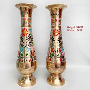Handmade Brass Vase Set, Gold Floral Enamel Vases, Tall Decorative Metal Vase, Indian Art Decor, Elegant Vintage Style Vases, Unique Gift