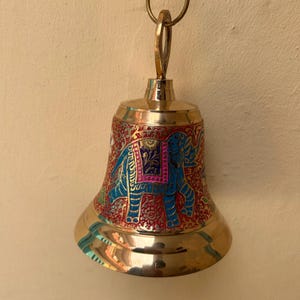 Handcrafted Brass Hanging Bell with Colorful Elephant Design for Home Decor, Garden Entrance, Puja Room or Temple Decoration
