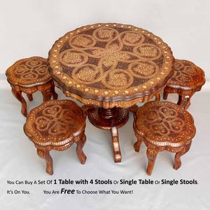 Handcrafted Round Wooden Dining Table with Brass Inlay, Optional 4 Stools or Single Table, Carved Sheesham Wood Rustic Furniture