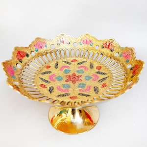 K02, Handgefertigte Obstschale aus Messing, 15 cm x 24 cm, Dekorative Emaille Blumenschale, Vintage Indischer Herzstück, Elegantes Dekor Geschenk