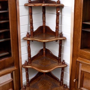 Handcrafted Sheesham Wood 4-Tier Corner Shelf – Seasoned Wood, Brass Inlay, Perfect for Vintage Decor & Spiritual Display (120cm)