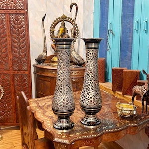 Handcrafted Brass Flower Vases, Gold Black Metal Vases, Tall Vintage Style Vase Set, Royal Home Decor, Traditional Indian Art, Luxury Decor
