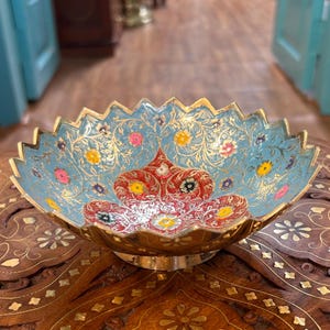K13, Handmade Brass Pedestal Fruit Bowl, 6cm x 15cm, Decorative Enamel Floral Bowl, Vintage Indian Centerpiece, Elegant Decor Gift