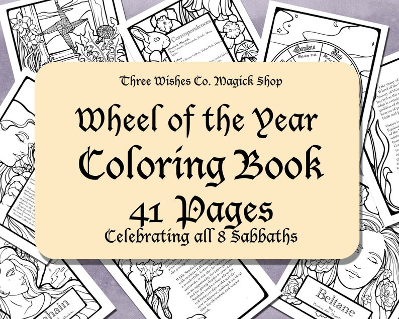 41 Page Sabbath Coloring Pages, Witch, Wheel of the Year, Coloring Pages, Book of Spells, Wicca, Pagan, Printable, Digital Download 