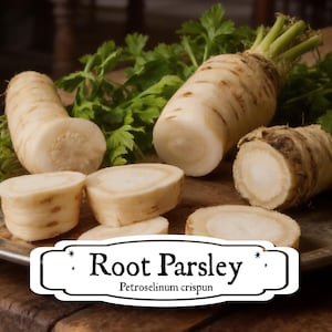 May include: Several whole and sliced off-white root parsley vegetables with green leafy tops arranged on a metal tray. A white label with black text reads Root Parsley and Petroselinum crispum, featuring small star accents on the sides.