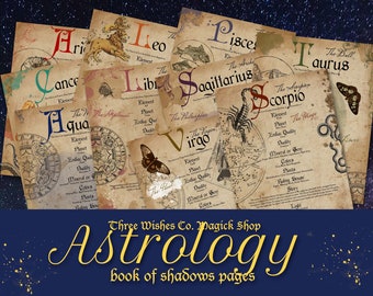 Astrology Book of Shadows Pages, Western Zodiac, Scrapbook, Grimoire Kit, Spell Book, Wicca, Pagan, Junk Journal, Digital Download