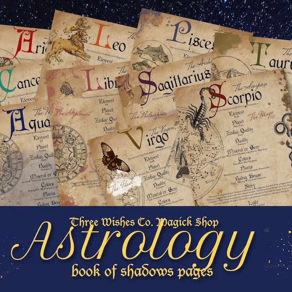 Astrology Book of Shadows Pages, Western Zodiac, Scrapbook, Grimoire Kit, Spell Book, Wicca, Pagan, Junk Journal, Digital Download