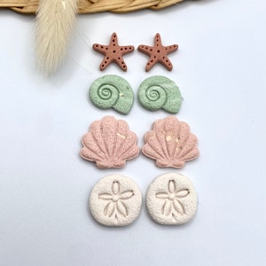 Beach Stud Sets/ clay shell studs/ starfish studs/ sand dollar earrings/ handmade clay earrings/ Cottage Core earrings