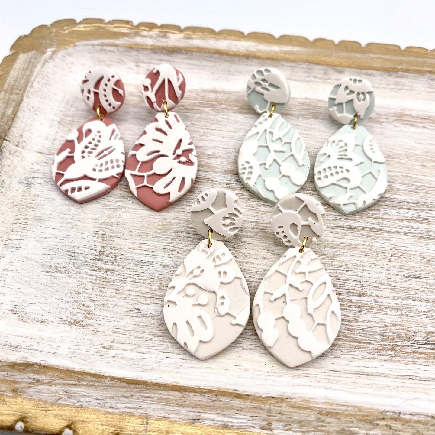 Lacey lace embellished clay earrings,  spring clay earrings, boho flo…