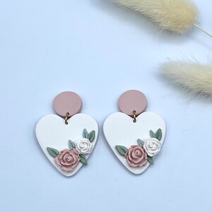 Valerie Floral Heart Dangles- Valentines earrings, Valentines clay earrings, clay heart earrings, clay earrings, handmade earrings
