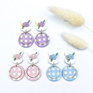 Floral Bunny Dangle Clay Earrings/ handmade clay earrings/ easter earrings/ bunny earrings/ clay earrings / floral clay earrings