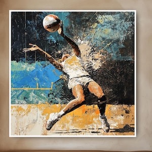 May include: Abstract painting of a basketball player in action, reaching for the ball. The artwork features a dynamic composition with a palette of blue, orange, and black. The player is wearing a white uniform. The painting is framed in white.