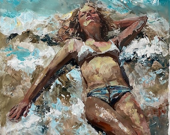Girl in a bikini - one of a kind painting on canvas, Figurative Painting, Beach Painting, Coastal Painting