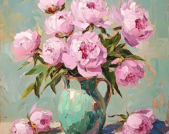 Textured Pink Peonies Oil Painting: Still Life Floral Canvas Art