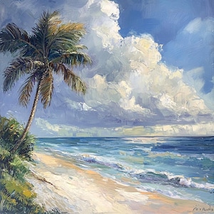 Florida Seascape Oil Painting: Tropical Palm Tree Beach Art by Pai Mare