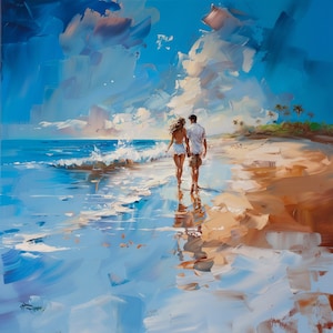 May include: An impressionistic painting of a couple walking on a beach. The artwork features a bright blue sky with fluffy white clouds, a turquoise ocean, and a sandy beach. The couple is seen from behind, holding hands, and walking towards the right side of the image.