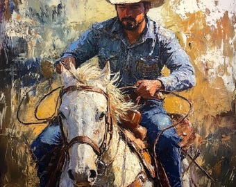 Cowboy muurkunst, western paard schilderij, rustieke ranch decor, groot canvas kunstwerk, getextureerd schilderij Paletmes