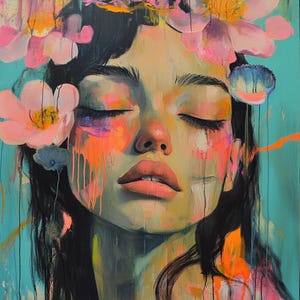 Floral Abstract Oil Painting: Colorful Female Portrait Canvas Art