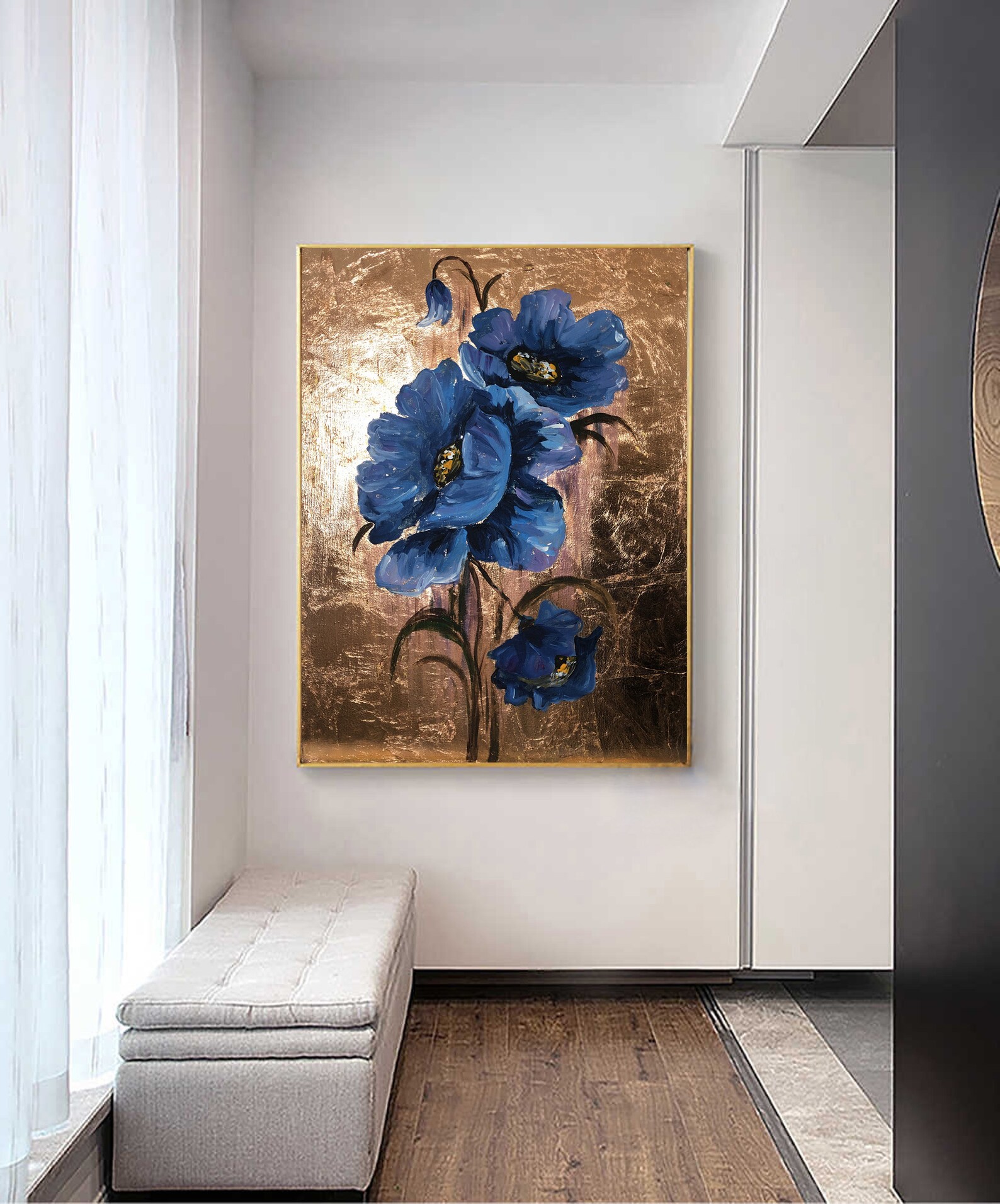 Copper Leaf Wall Artblue Flower Artworkvertical Floral Etsy