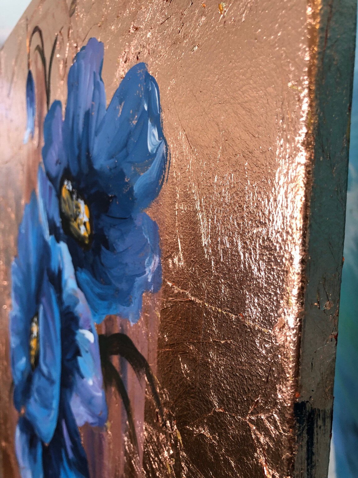 Copper Leaf Wall Artblue Flower Artworkvertical Floral Etsy