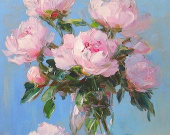 Pink Peonies Oil Painting: Textured Floral Still Life, Impasto Palette Knife Art