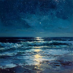 夜の海の油絵：アレクサンダー・シェンデロフによるキャンバスに
