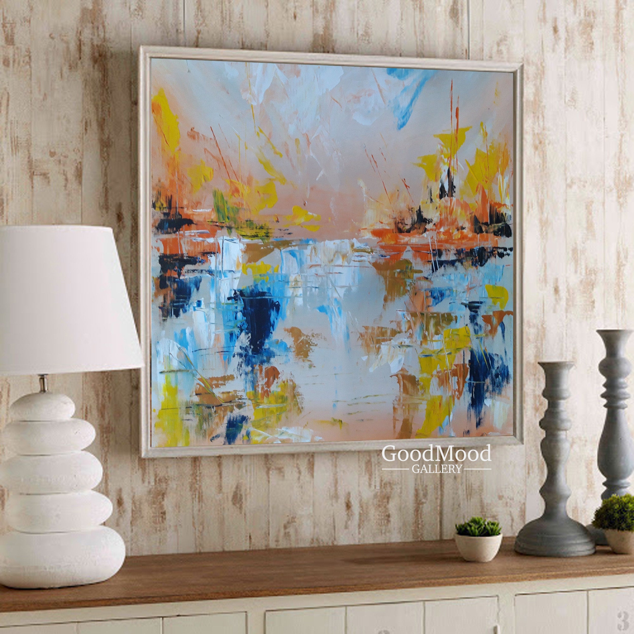 Original Landscape Painting on Canvas,blue Acrylic Wall Art for Bedroom